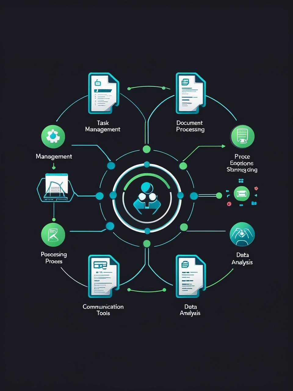 Grafik zur digitalen Büroautomation mit vernetzten Workflow-Lösungen auf schwarzem Hintergrund