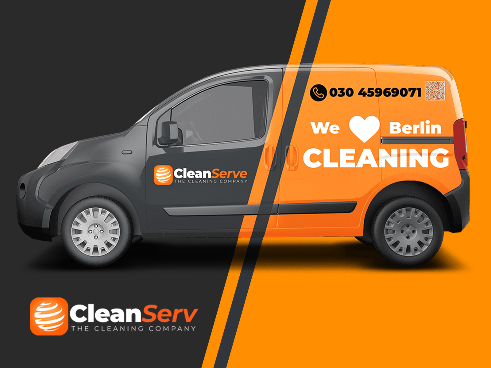 Firmenfahrzeug mit auffälligem CleanService-Branding für mobile Reinigungsdienste – Werbedesign auf orangem Hintergrund.