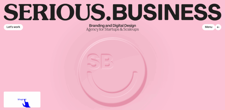 SERIOUS.BUSINESS logo on pink minimal background with embossed SP seal