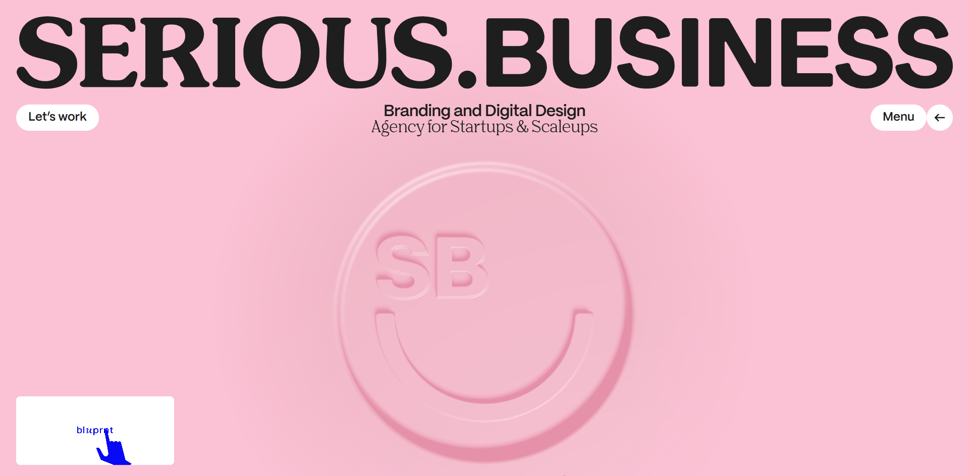 SERIOUS.BUSINESS logo on pink minimal background with embossed SP seal