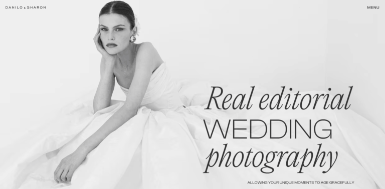 Black and white wedding editorial photo with bride and text 'Real editorial WEDDING photography'
