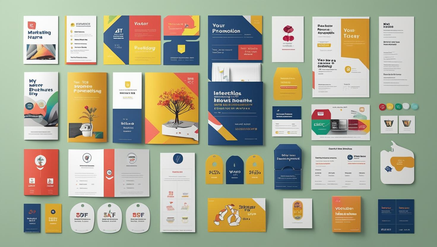 Diverse collection of colorful graphic design elements including icons, typography, and layout samples.