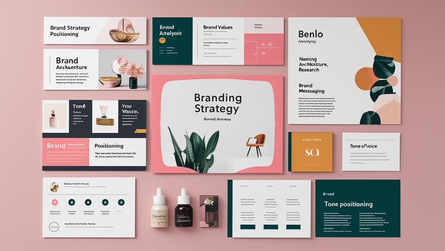 Visual display of social media content and digital marketing designs on a peach background with mockups for Instagram posts and branded visuals.