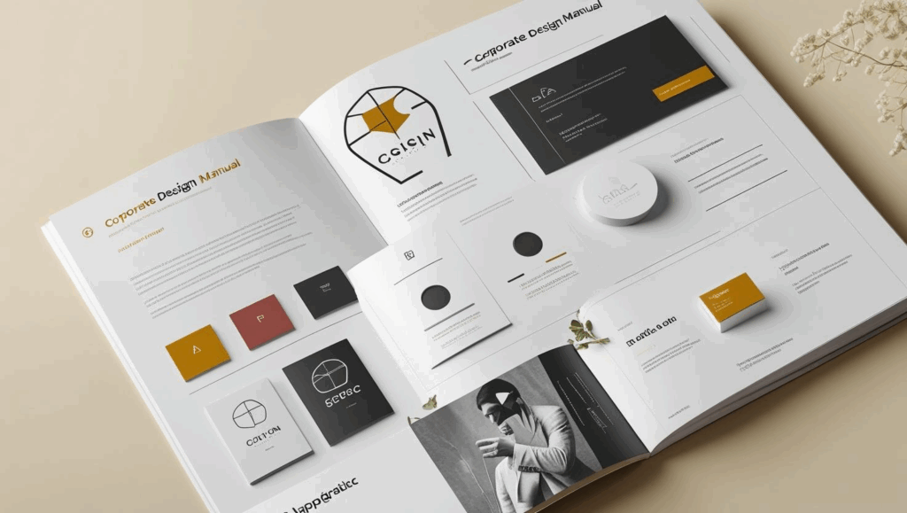 Flat lay of printed marketing materials including brochures, business cards, and brand guidelines on a desk.