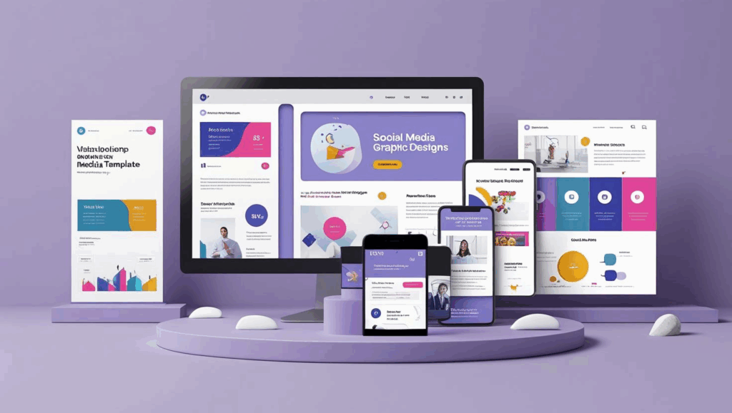 Responsive website mockup displayed on multiple devices including desktop, tablet, and smartphone screens with a purple background.