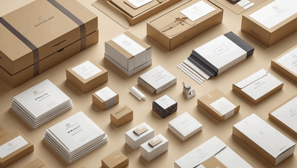 Minimalist cardboard packaging mockups arranged in various sizes for branding and product presentation.
