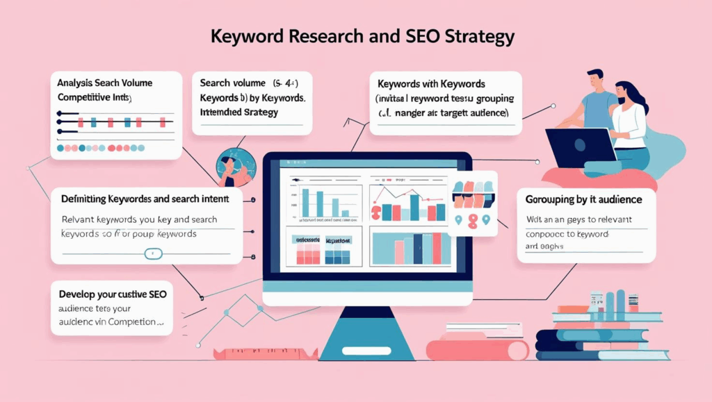 Illustration of SEO keyword research and strategy with analytics charts, keyword tools, and content planning visuals on a pink background.