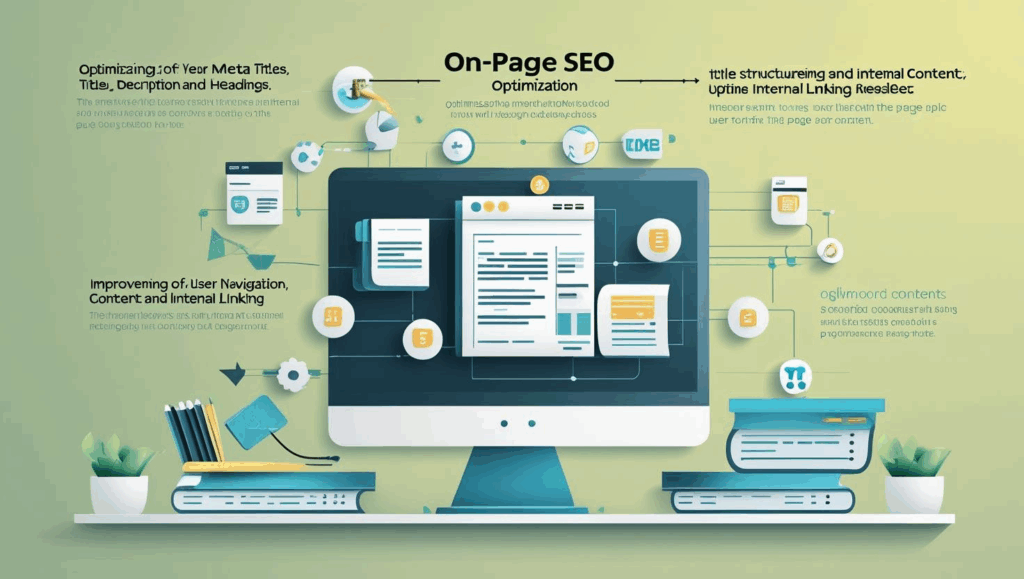 Digital illustration of SEO process including website structure, analytics, content optimization, and technical SEO tools on a light green background.