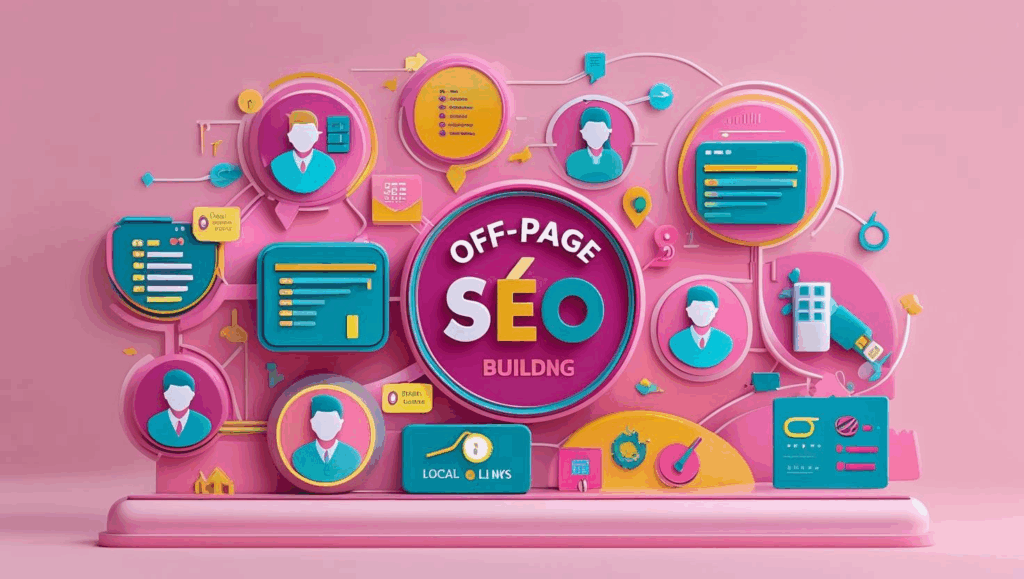 Colorful SEO infographic with icons representing analytics, ranking, content, backlinks, and website optimization on a pink background.