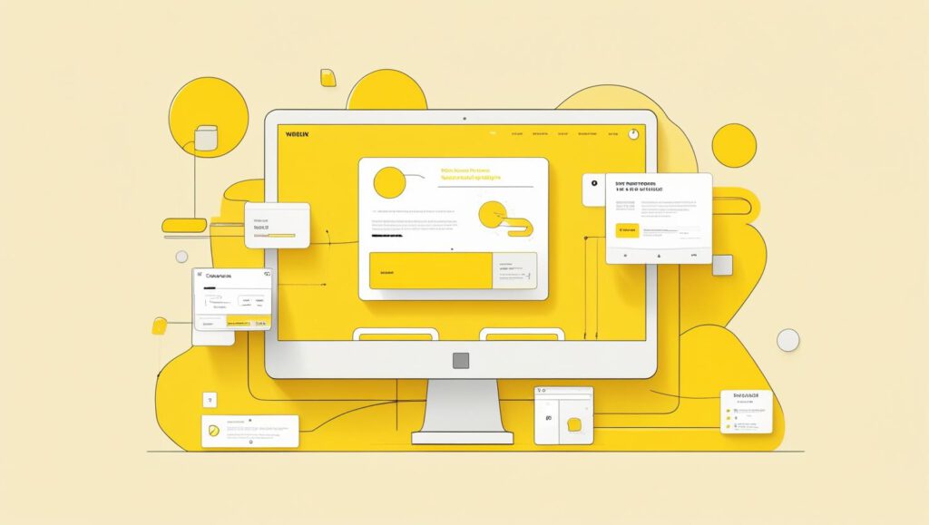 Illustration of website design and prototyping process with user interface elements on a yellow background.