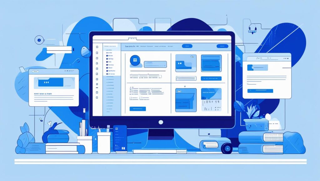 Illustration of website development and testing process with code elements and analytical tools on a blue background.