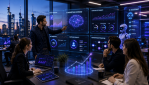 Team in a modern office reviews glowing holographic dashboards with charts and a central brain diagram.