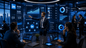 Presenter in a suit points to floating blue holographic data dashboards displaying metrics and LinkedIn branding as colleagues work on laptops in a high-tech office.